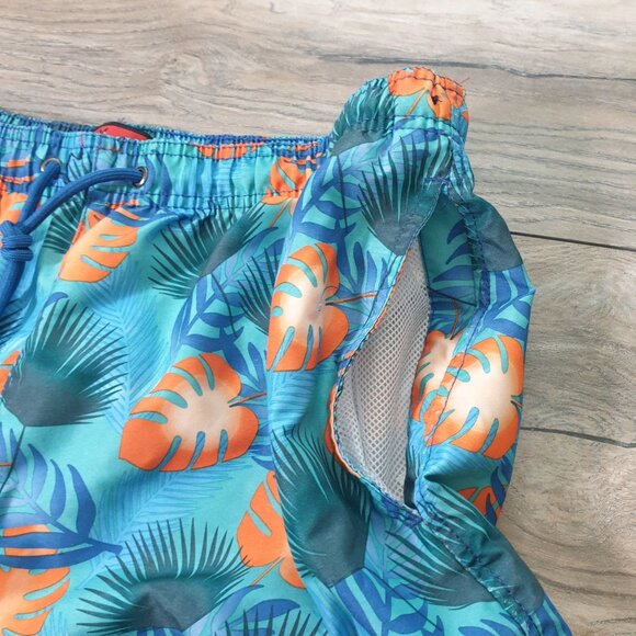 Men Large Party Sharks Swim Trunk Tropical Leaf Print Blue Orange Beach Vacation - Picture 5 of 7